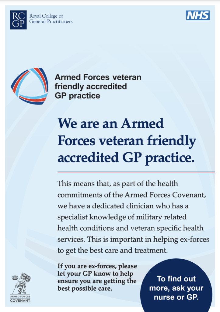armed forces veteran friendly gp practice poster with link to further information